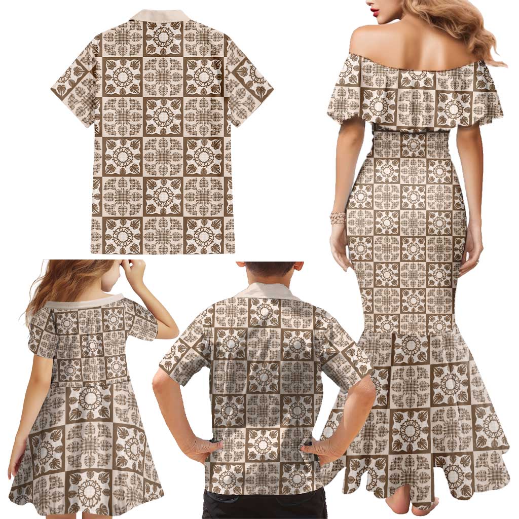 Beige Palaka Quilt Hawaii Family Matching Mermaid Dress and Hawaiian Shirt Hawaiian Tropical Monstera Sea Turtle
