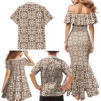 Beige Palaka Quilt Hawaii Family Matching Mermaid Dress and Hawaiian Shirt Hawaiian Tropical Monstera Sea Turtle