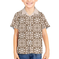 Beige Palaka Quilt Hawaii Family Matching Off The Shoulder Long Sleeve Dress and Hawaiian Shirt Hawaiian Tropical Monstera Sea Turtle
