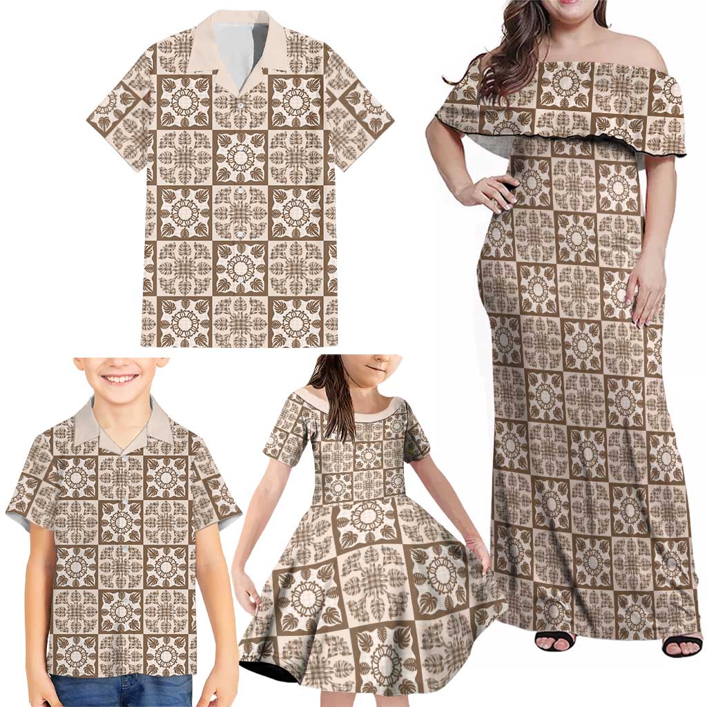 Beige Palaka Quilt Hawaii Family Matching Off Shoulder Maxi Dress and Hawaiian Shirt Hawaiian Tropical Monstera Sea Turtle