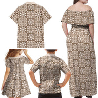Beige Palaka Quilt Hawaii Family Matching Off Shoulder Maxi Dress and Hawaiian Shirt Hawaiian Tropical Monstera Sea Turtle