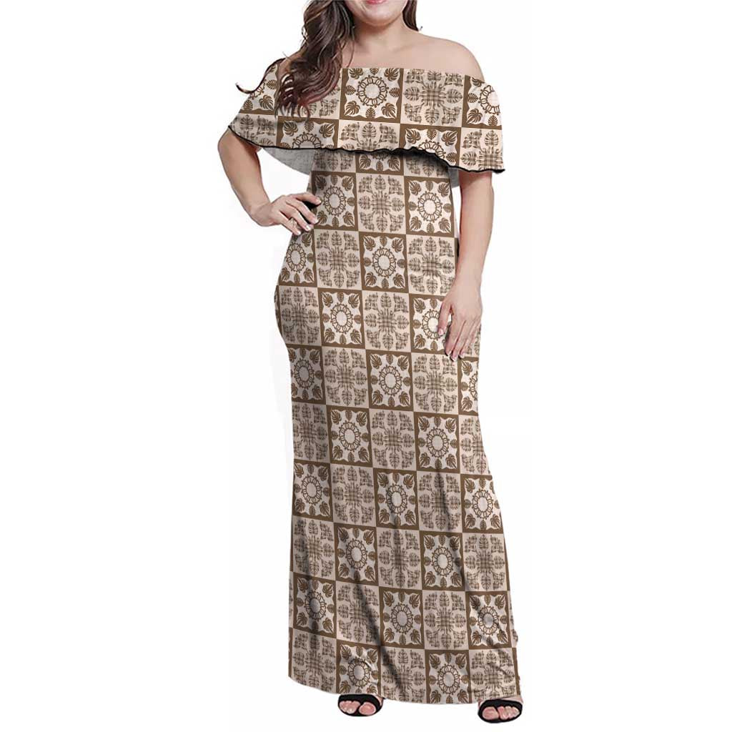Beige Palaka Quilt Hawaii Family Matching Off Shoulder Maxi Dress and Hawaiian Shirt Hawaiian Tropical Monstera Sea Turtle
