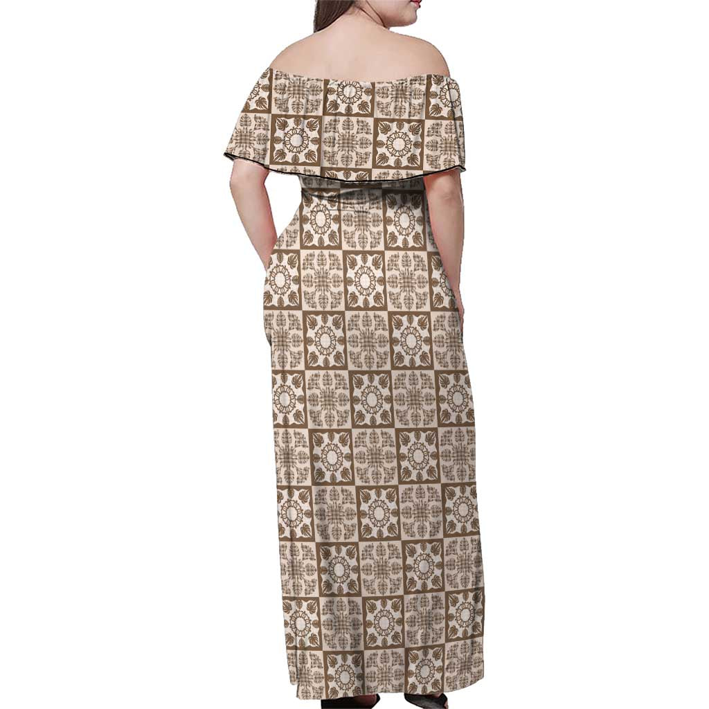 Beige Palaka Quilt Hawaii Family Matching Off Shoulder Maxi Dress and Hawaiian Shirt Hawaiian Tropical Monstera Sea Turtle