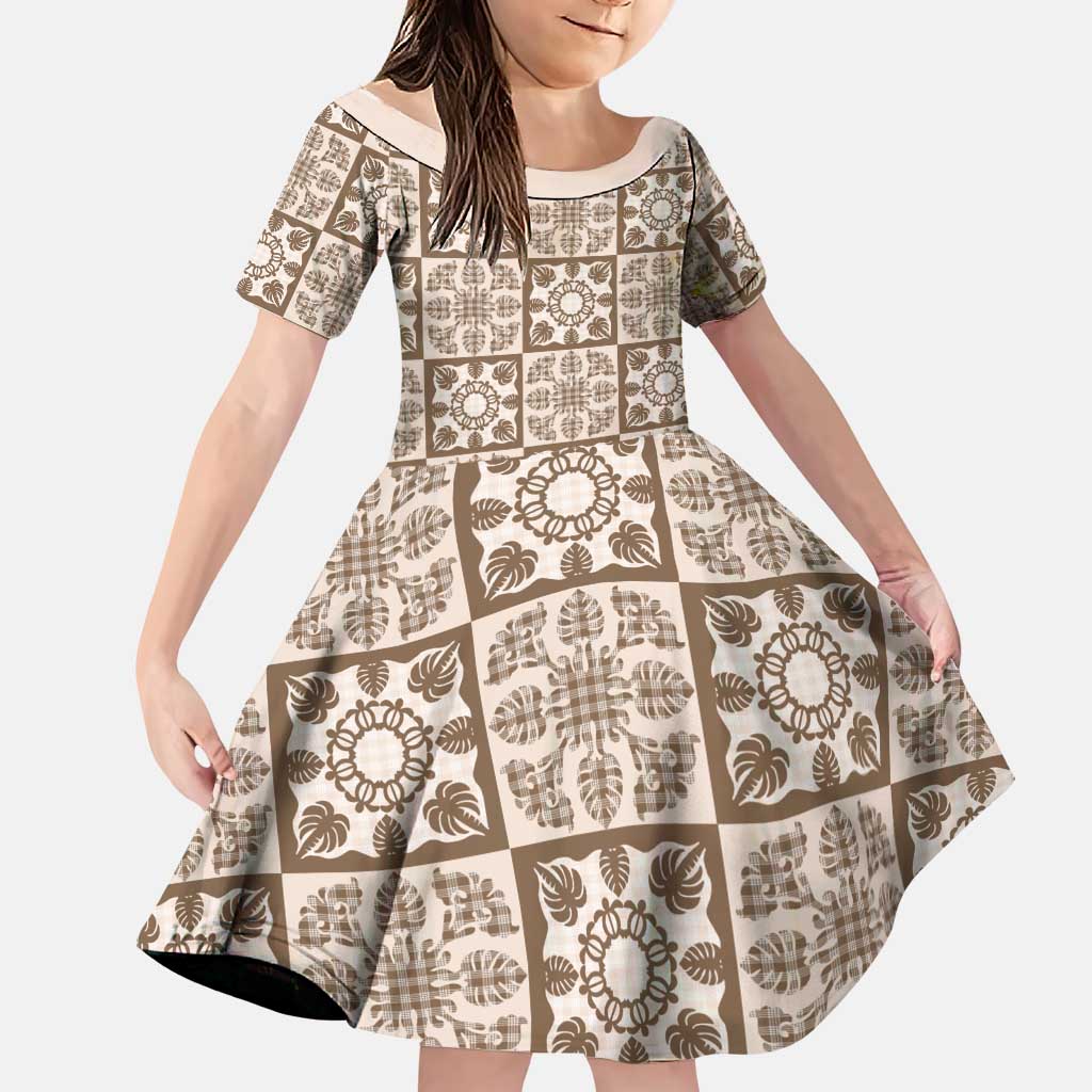 Beige Palaka Quilt Hawaii Family Matching Off Shoulder Short Dress and Hawaiian Shirt Hawaiian Tropical Monstera Sea Turtle