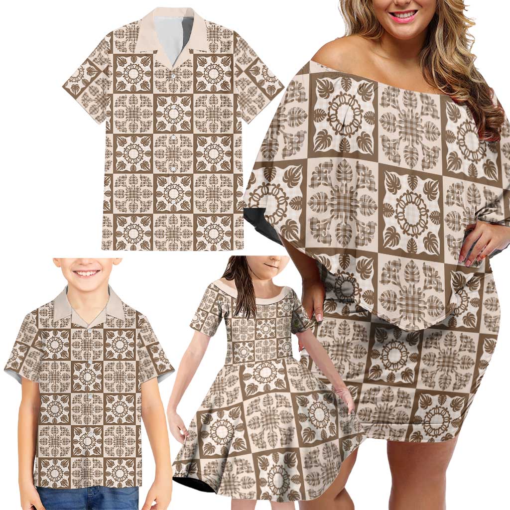 Beige Palaka Quilt Hawaii Family Matching Off Shoulder Short Dress and Hawaiian Shirt Hawaiian Tropical Monstera Sea Turtle
