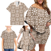 Beige Palaka Quilt Hawaii Family Matching Off Shoulder Short Dress and Hawaiian Shirt Hawaiian Tropical Monstera Sea Turtle