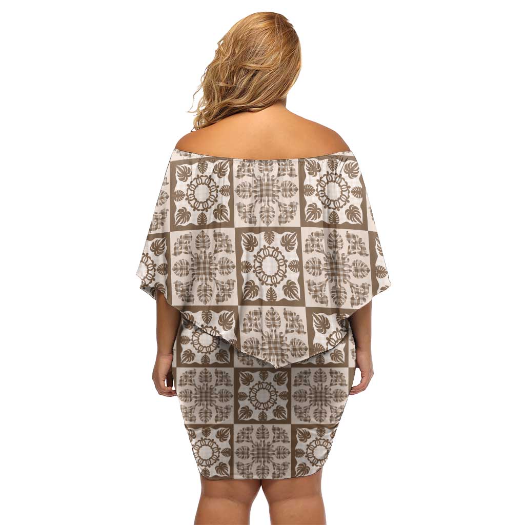 Beige Palaka Quilt Hawaii Family Matching Off Shoulder Short Dress and Hawaiian Shirt Hawaiian Tropical Monstera Sea Turtle