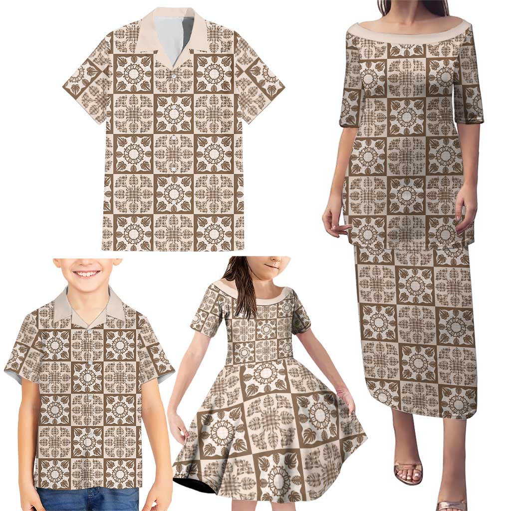 Beige Palaka Quilt Hawaii Family Matching Puletasi and Hawaiian Shirt Hawaiian Tropical Monstera Sea Turtle