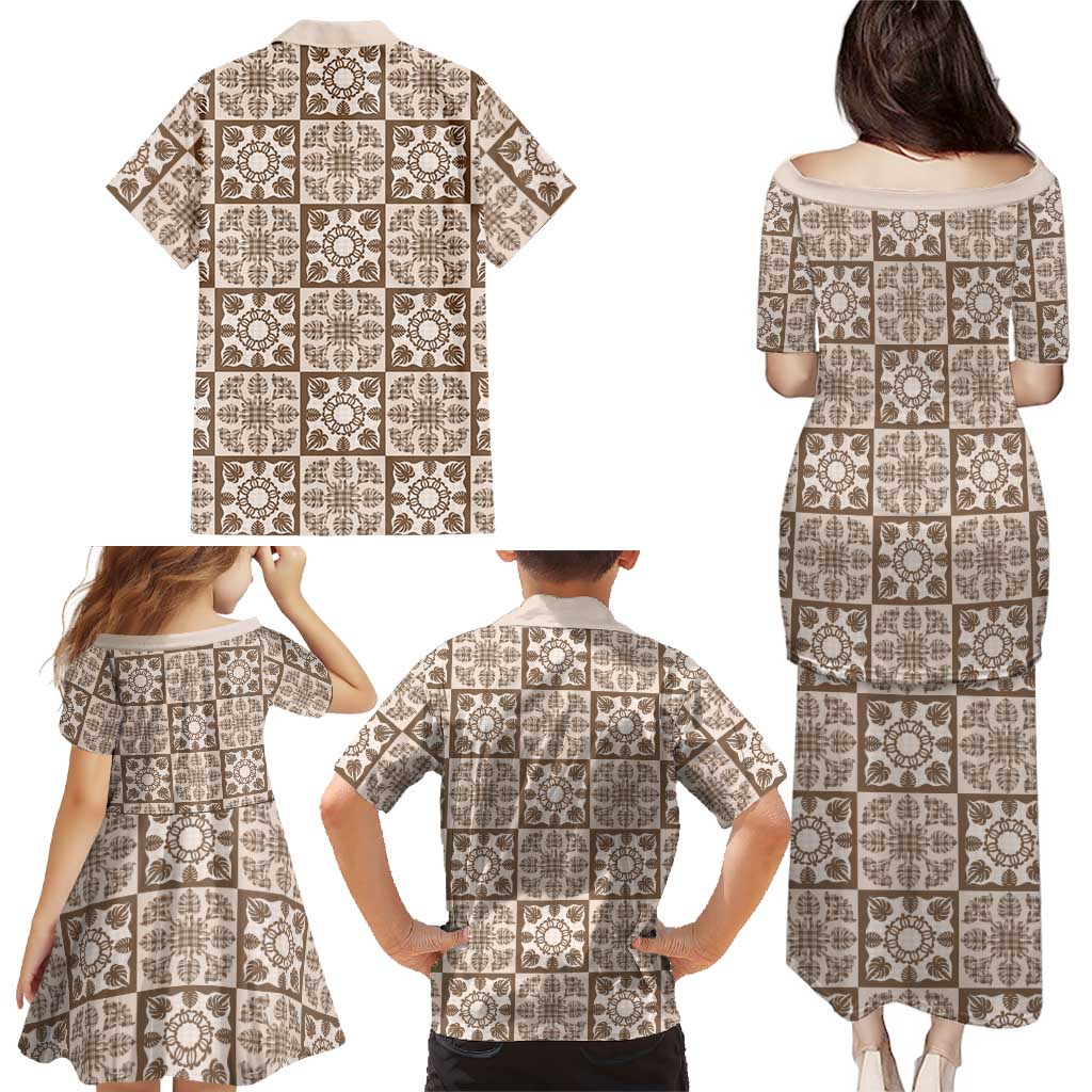 Beige Palaka Quilt Hawaii Family Matching Puletasi and Hawaiian Shirt Hawaiian Tropical Monstera Sea Turtle