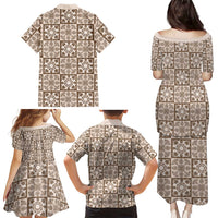 Beige Palaka Quilt Hawaii Family Matching Puletasi and Hawaiian Shirt Hawaiian Tropical Monstera Sea Turtle