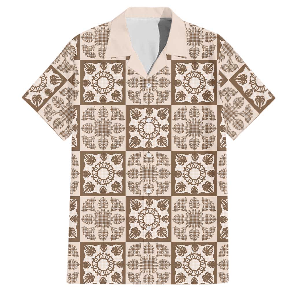 Beige Palaka Quilt Hawaii Family Matching Puletasi and Hawaiian Shirt Hawaiian Tropical Monstera Sea Turtle