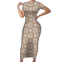 Beige Palaka Quilt Hawaii Family Matching Short Sleeve Bodycon Dress and Hawaiian Shirt Hawaiian Tropical Monstera Sea Turtle