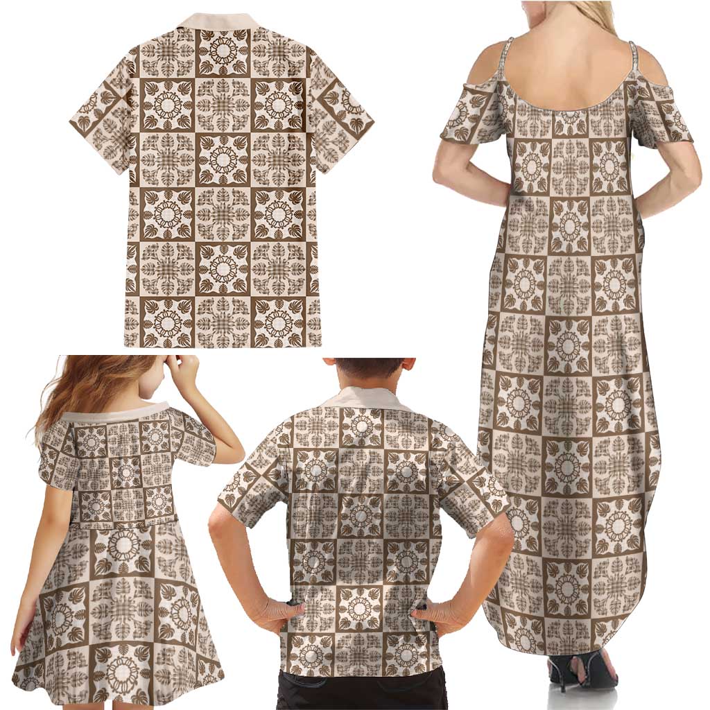 Beige Palaka Quilt Hawaii Family Matching Summer Maxi Dress and Hawaiian Shirt Hawaiian Tropical Monstera Sea Turtle