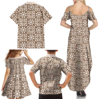 Beige Palaka Quilt Hawaii Family Matching Summer Maxi Dress and Hawaiian Shirt Hawaiian Tropical Monstera Sea Turtle