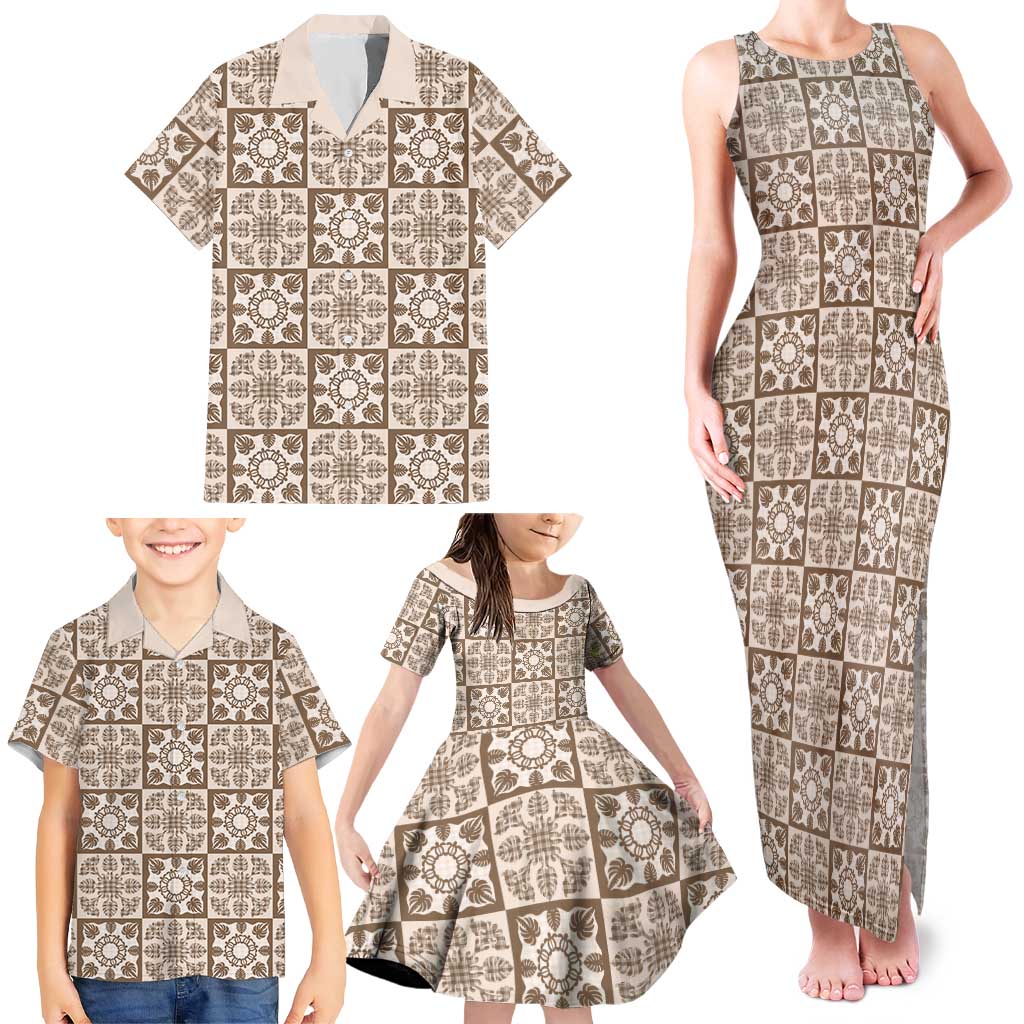 Beige Palaka Quilt Hawaii Family Matching Tank Maxi Dress and Hawaiian Shirt Hawaiian Tropical Monstera Sea Turtle