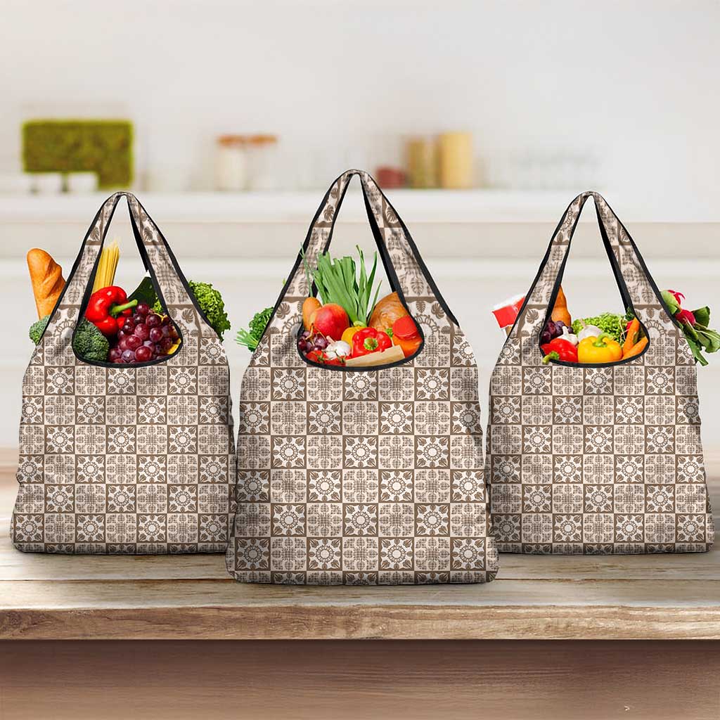 Beige Palaka Quilt Hawaii Grocery Bag Hawaiian Tropical Monstera Sea Turtle LT14 3-pack One Size Beige - Polynesian Pride