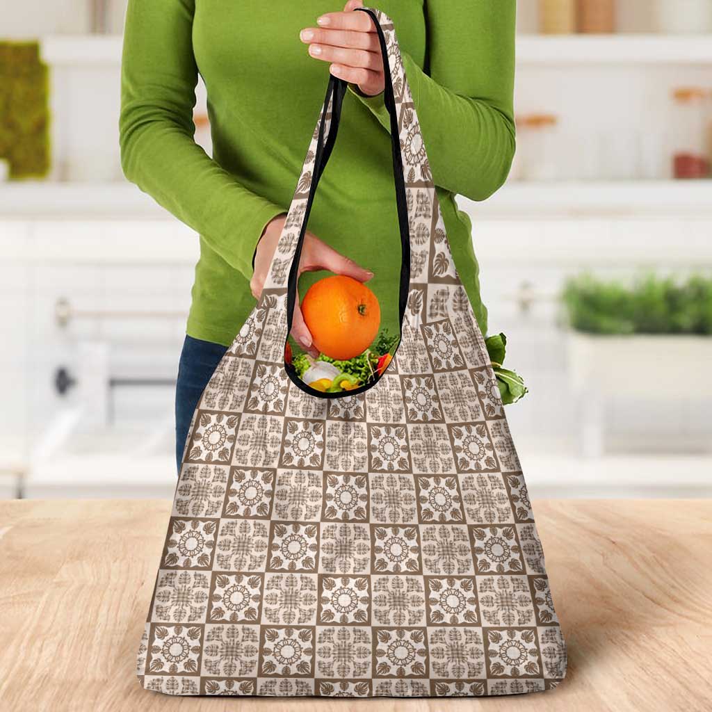 Beige Palaka Quilt Hawaii Grocery Bag Hawaiian Tropical Monstera Sea Turtle LT14 - Polynesian Pride