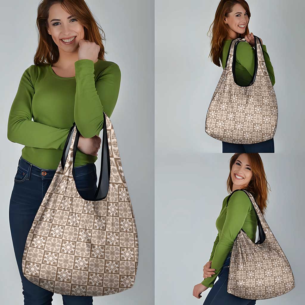 Beige Palaka Quilt Hawaii Grocery Bag Hawaiian Tropical Monstera Sea Turtle LT14 - Polynesian Pride