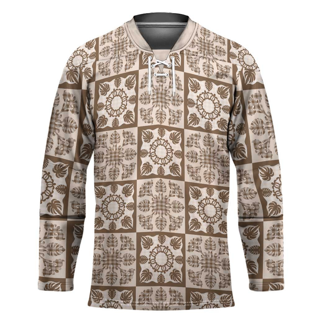 Beige Palaka Quilt Hawaii Hockey Jersey Hawaiian Tropical Monstera Sea Turtle LT14 Unisex Beige - Polynesian Pride