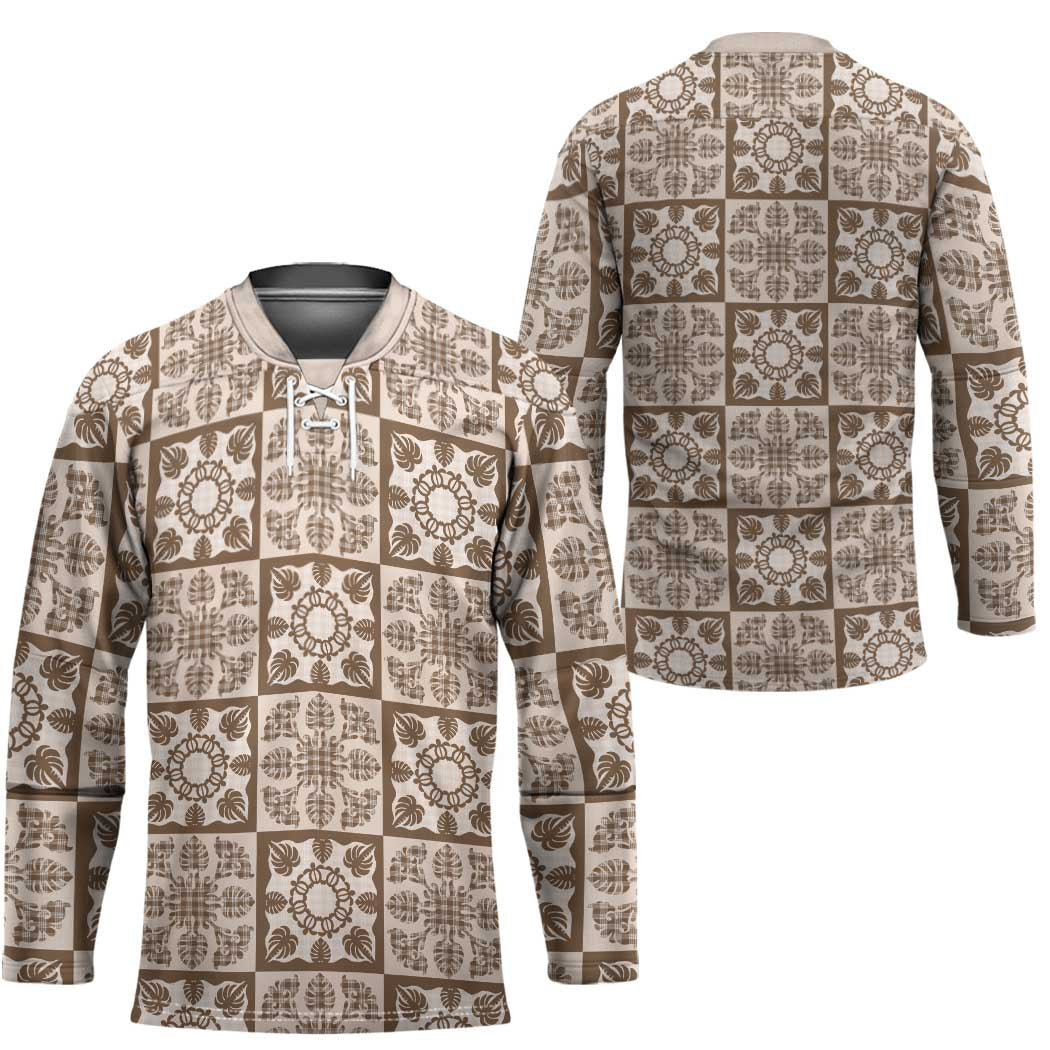 Beige Palaka Quilt Hawaii Hockey Jersey Hawaiian Tropical Monstera Sea Turtle LT14 - Polynesian Pride