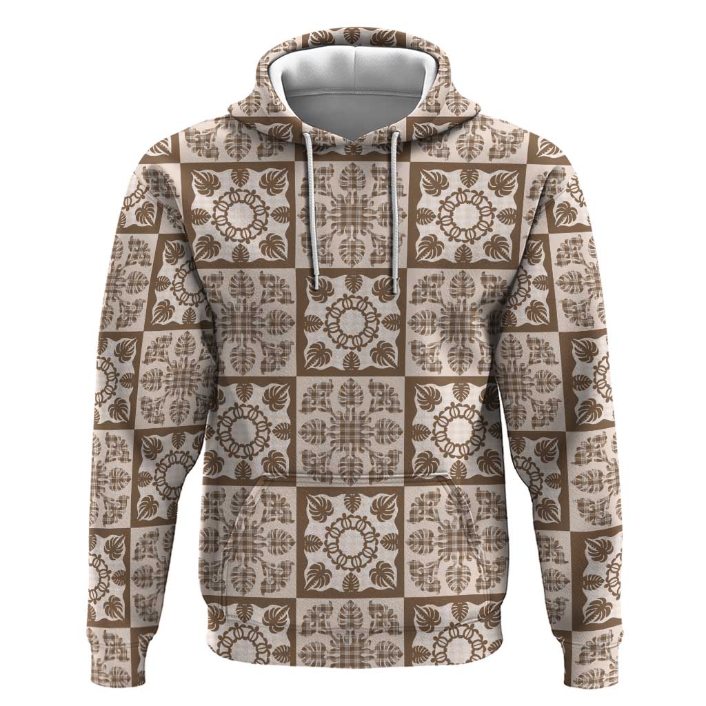 Beige Palaka Quilt Hawaii Hoodie Hawaiian Tropical Monstera Sea Turtle LT14 Pullover Hoodie Beige - Polynesian Pride