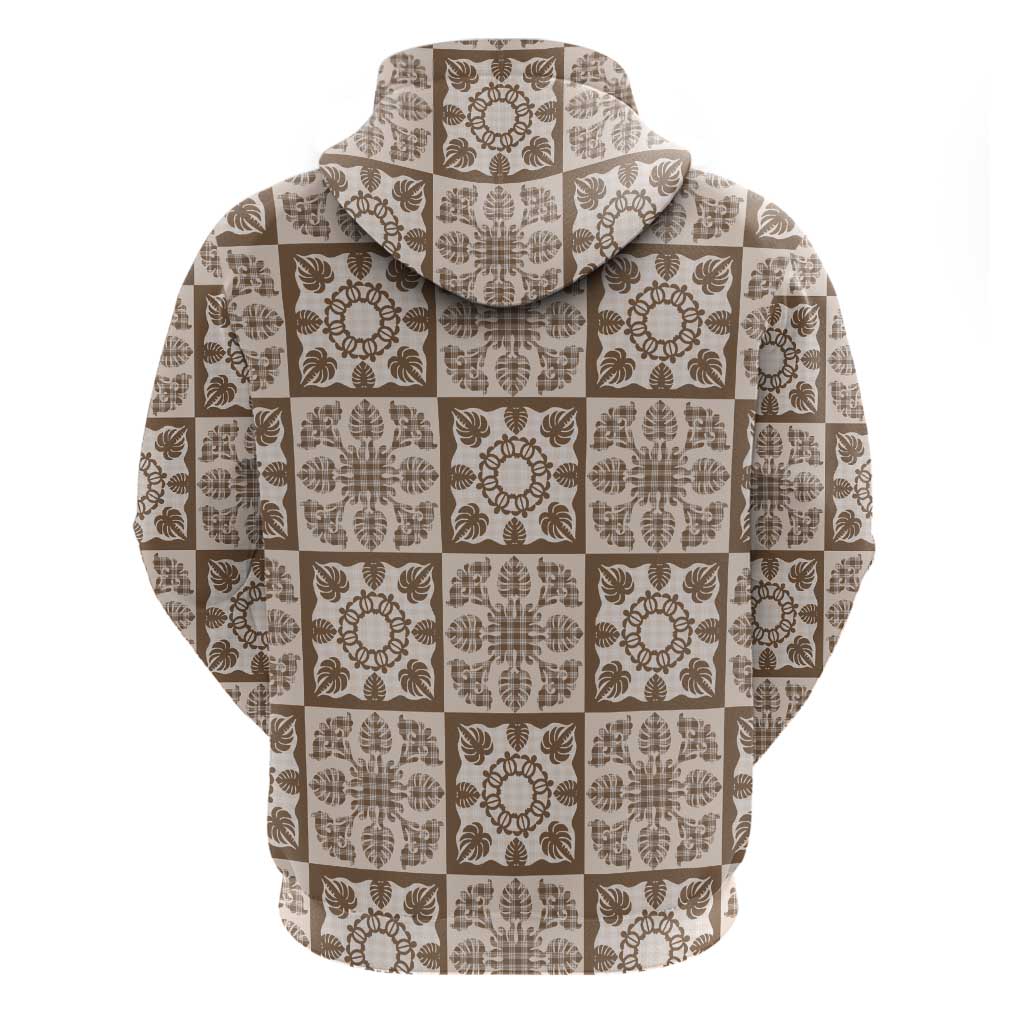 Beige Palaka Quilt Hawaii Hoodie Hawaiian Tropical Monstera Sea Turtle LT14 - Polynesian Pride
