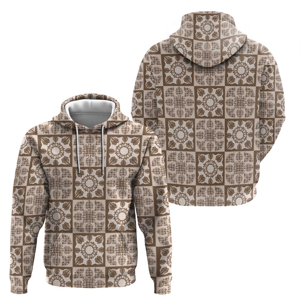 Beige Palaka Quilt Hawaii Hoodie Hawaiian Tropical Monstera Sea Turtle LT14 - Polynesian Pride