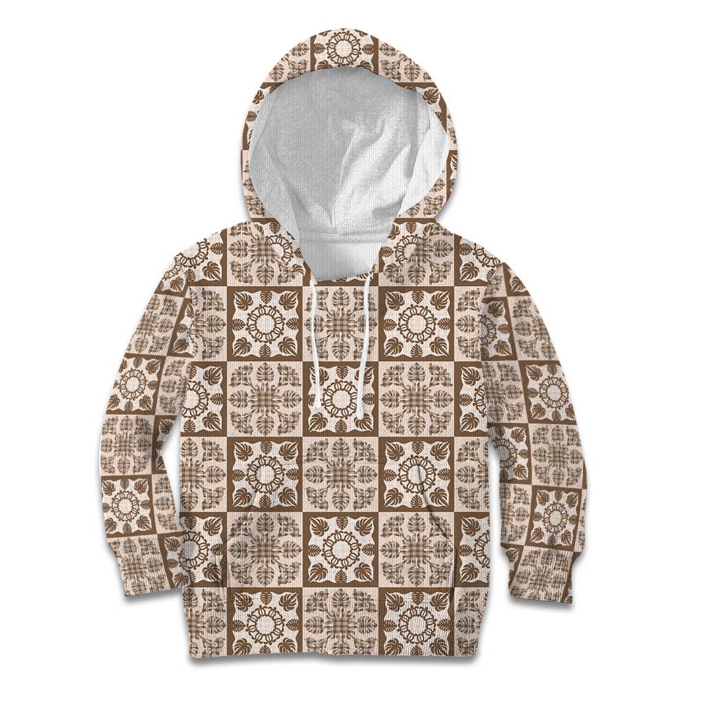 Beige Palaka Quilt Hawaii Kid Hoodie Hawaiian Tropical Monstera Sea Turtle LT14 Hoodie Beige - Polynesian Pride