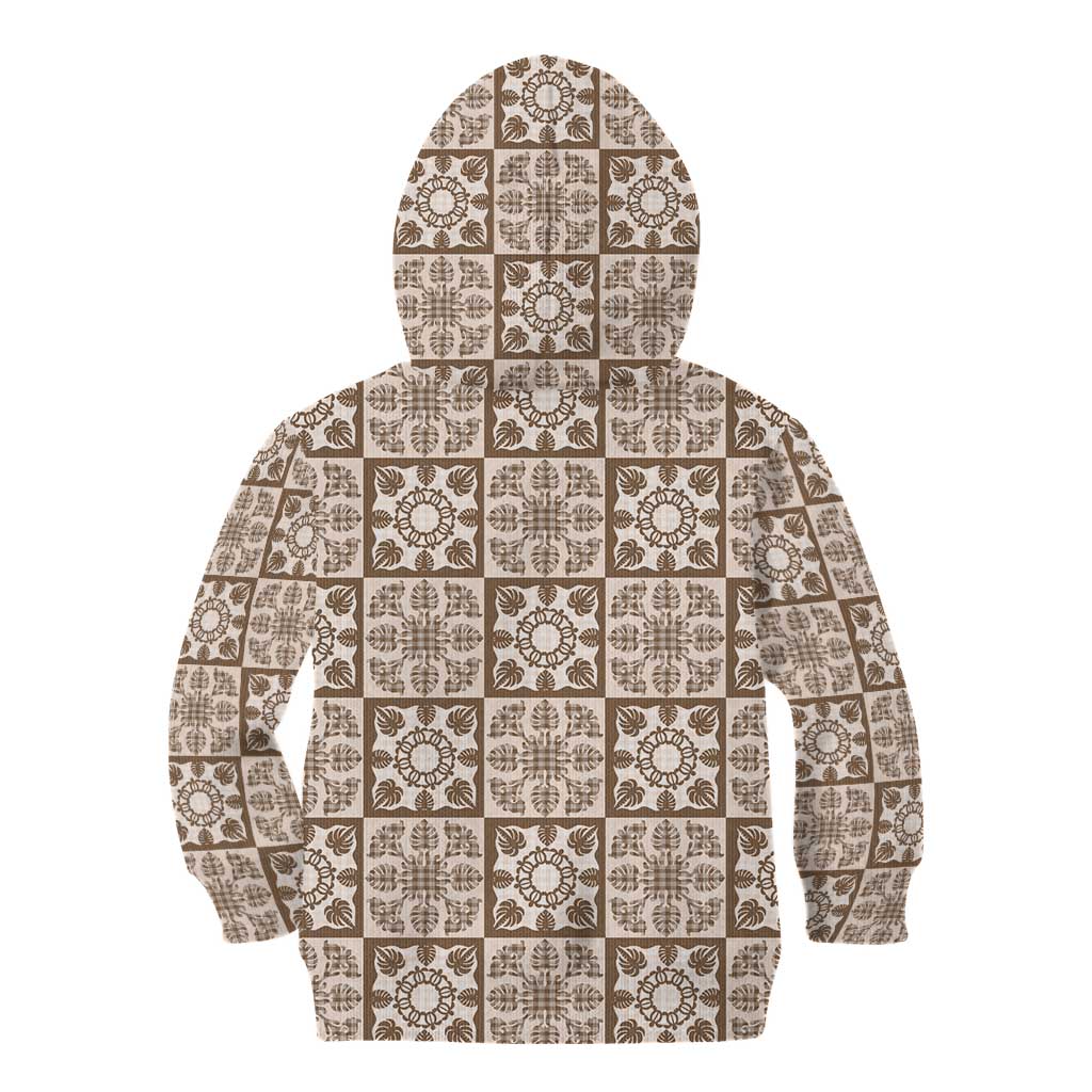 Beige Palaka Quilt Hawaii Kid Hoodie Hawaiian Tropical Monstera Sea Turtle LT14 - Polynesian Pride