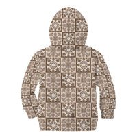 Beige Palaka Quilt Hawaii Kid Hoodie Hawaiian Tropical Monstera Sea Turtle LT14 - Polynesian Pride