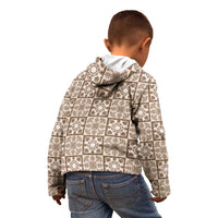 Beige Palaka Quilt Hawaii Kid Hoodie Hawaiian Tropical Monstera Sea Turtle LT14 - Polynesian Pride
