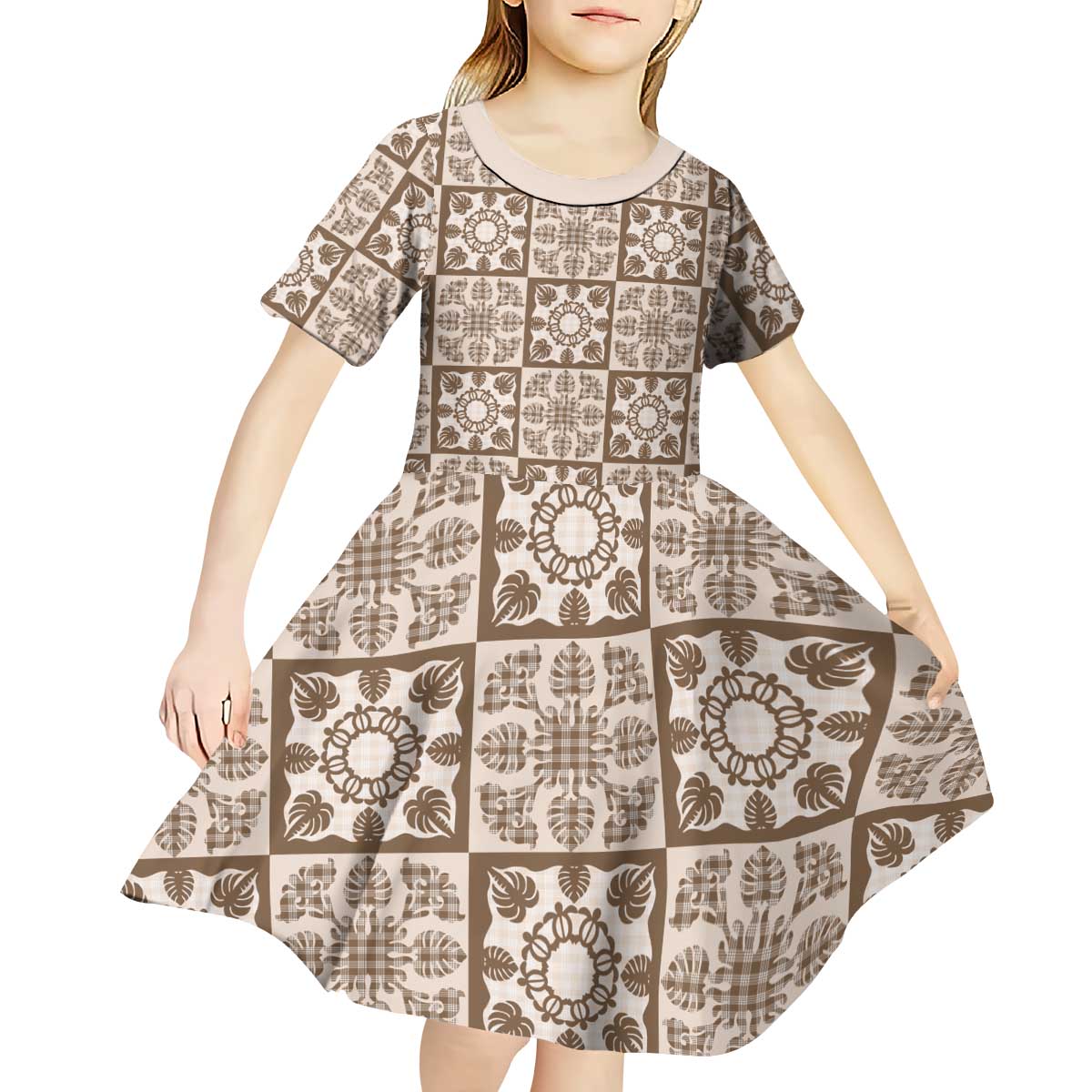 Beige Palaka Quilt Hawaii Kid Short Sleeve Dress Hawaiian Tropical Monstera Sea Turtle LT14 - Polynesian Pride