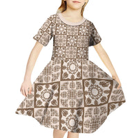 Beige Palaka Quilt Hawaii Kid Short Sleeve Dress Hawaiian Tropical Monstera Sea Turtle LT14 - Polynesian Pride