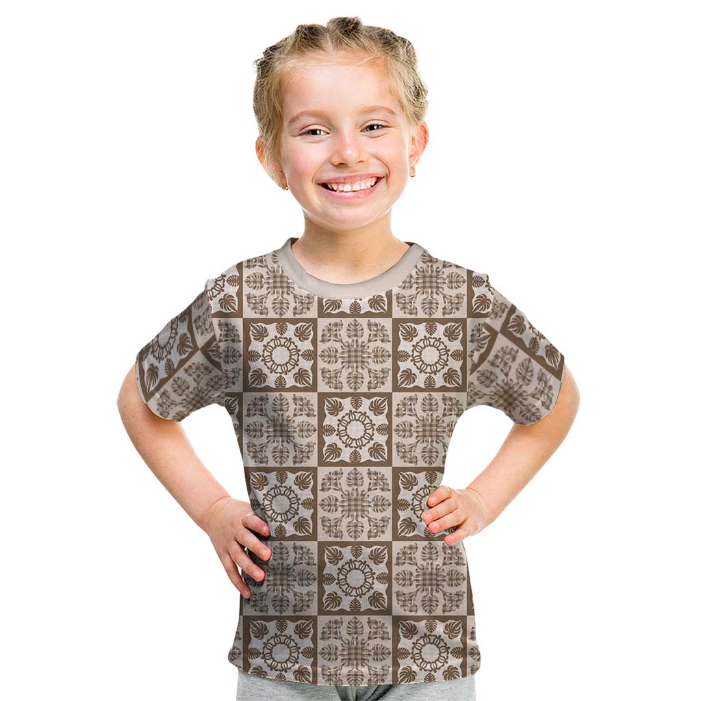 Beige Palaka Quilt Hawaii Kid T Shirt Hawaiian Tropical Monstera Sea Turtle LT14 Beige - Polynesian Pride