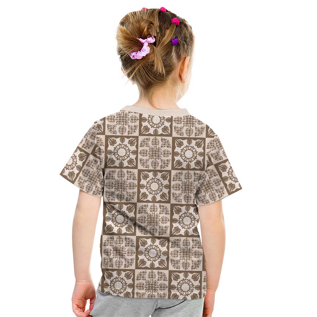 Beige Palaka Quilt Hawaii Kid T Shirt Hawaiian Tropical Monstera Sea Turtle LT14 - Polynesian Pride