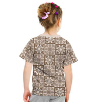Beige Palaka Quilt Hawaii Kid T Shirt Hawaiian Tropical Monstera Sea Turtle LT14 - Polynesian Pride