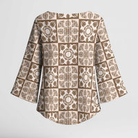 Beige Palaka Quilt Hawaii Kimono Sleeve Blouse Hawaiian Tropical Monstera Sea Turtle