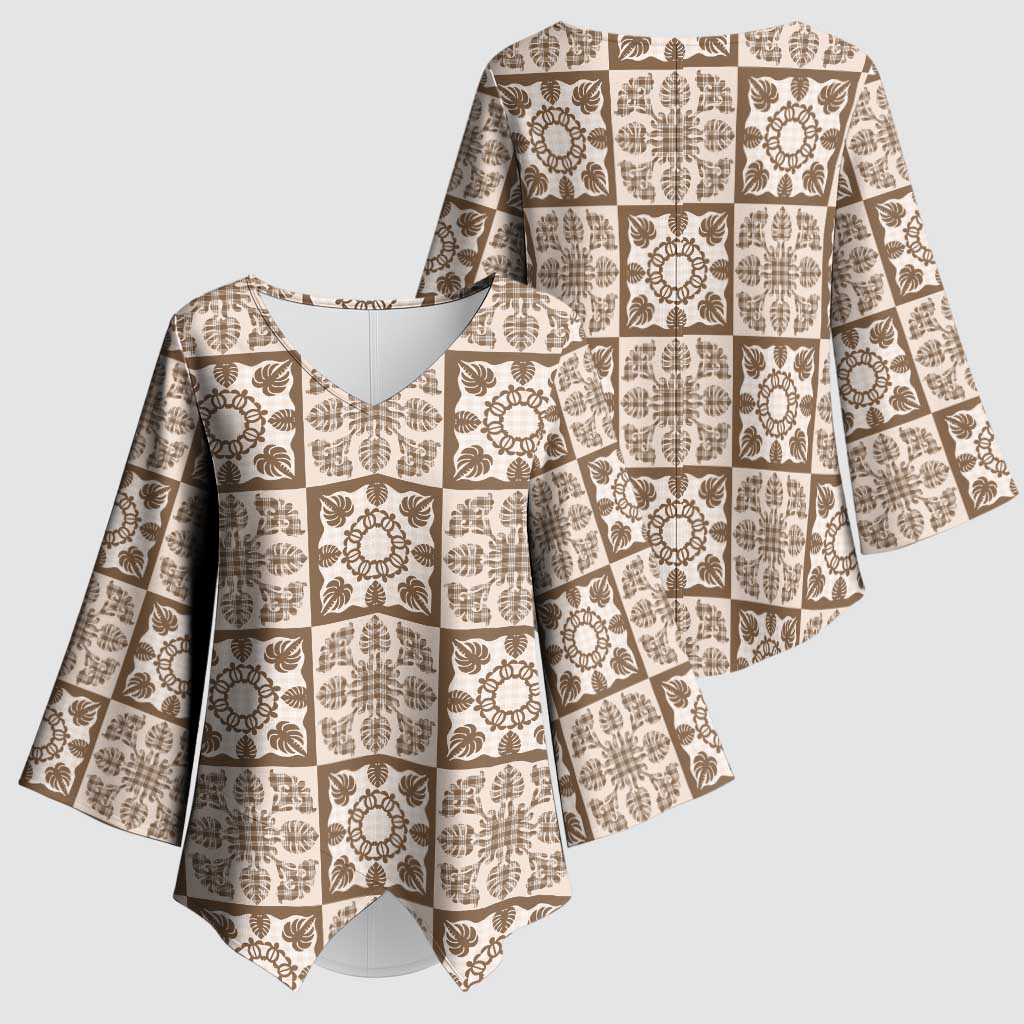 Beige Palaka Quilt Hawaii Kimono Sleeve Blouse Hawaiian Tropical Monstera Sea Turtle