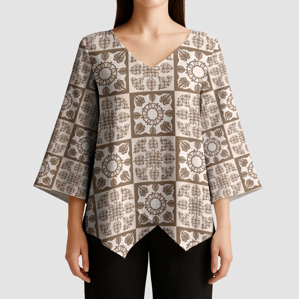 Beige Palaka Quilt Hawaii Kimono Sleeve Blouse Hawaiian Tropical Monstera Sea Turtle