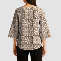 Beige Palaka Quilt Hawaii Kimono Sleeve Blouse Hawaiian Tropical Monstera Sea Turtle