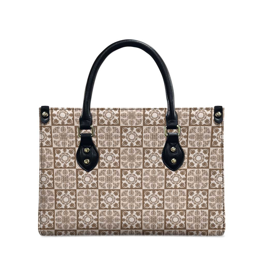 Beige Palaka Quilt Hawaii Leather Bag Hawaiian Tropical Monstera Sea Turtle LT14 - Polynesian Pride