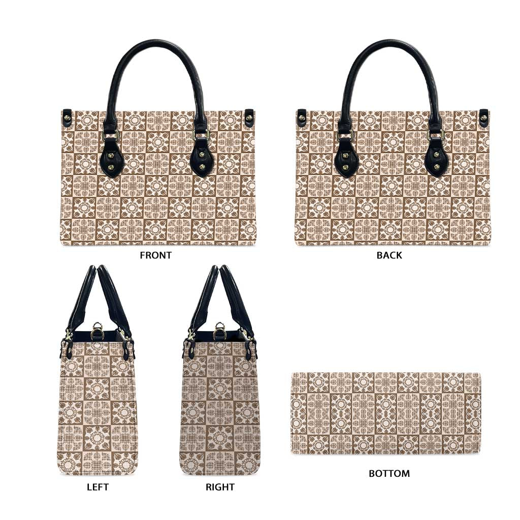 Beige Palaka Quilt Hawaii Leather Bag Hawaiian Tropical Monstera Sea Turtle LT14 - Polynesian Pride