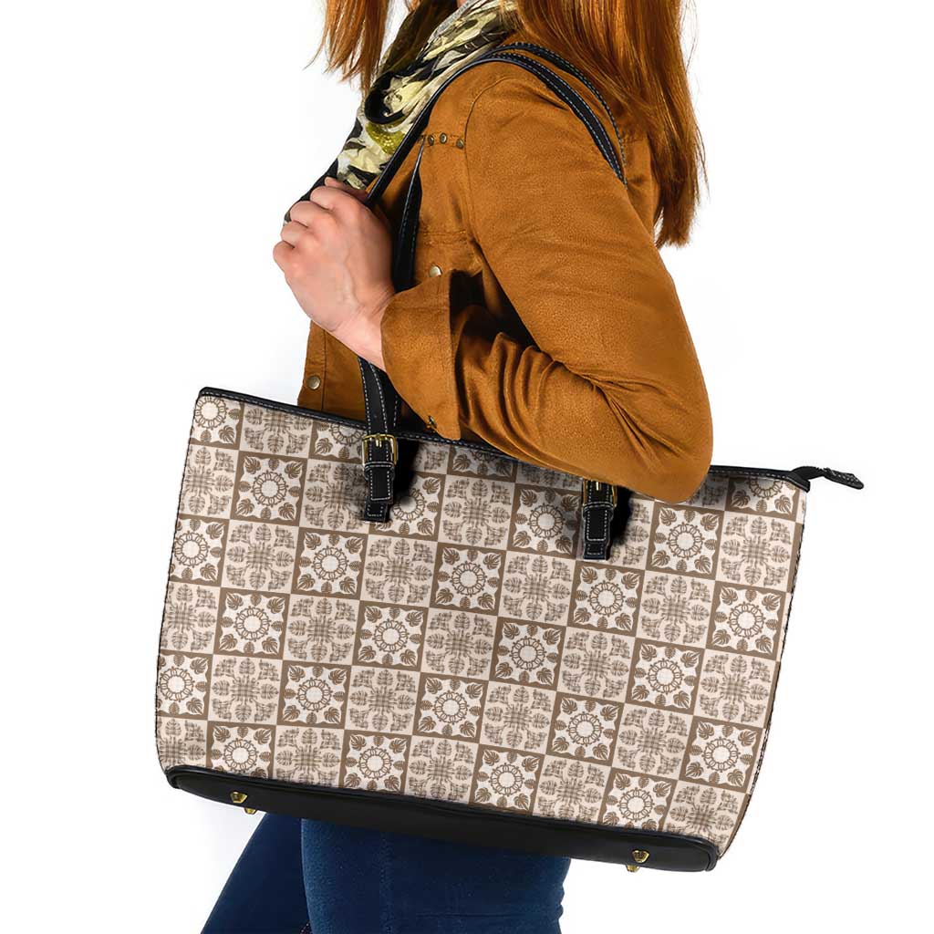 Beige Palaka Quilt Hawaii Leather Tote Bag Hawaiian Tropical Monstera Sea Turtle LT14 Beige - Polynesian Pride