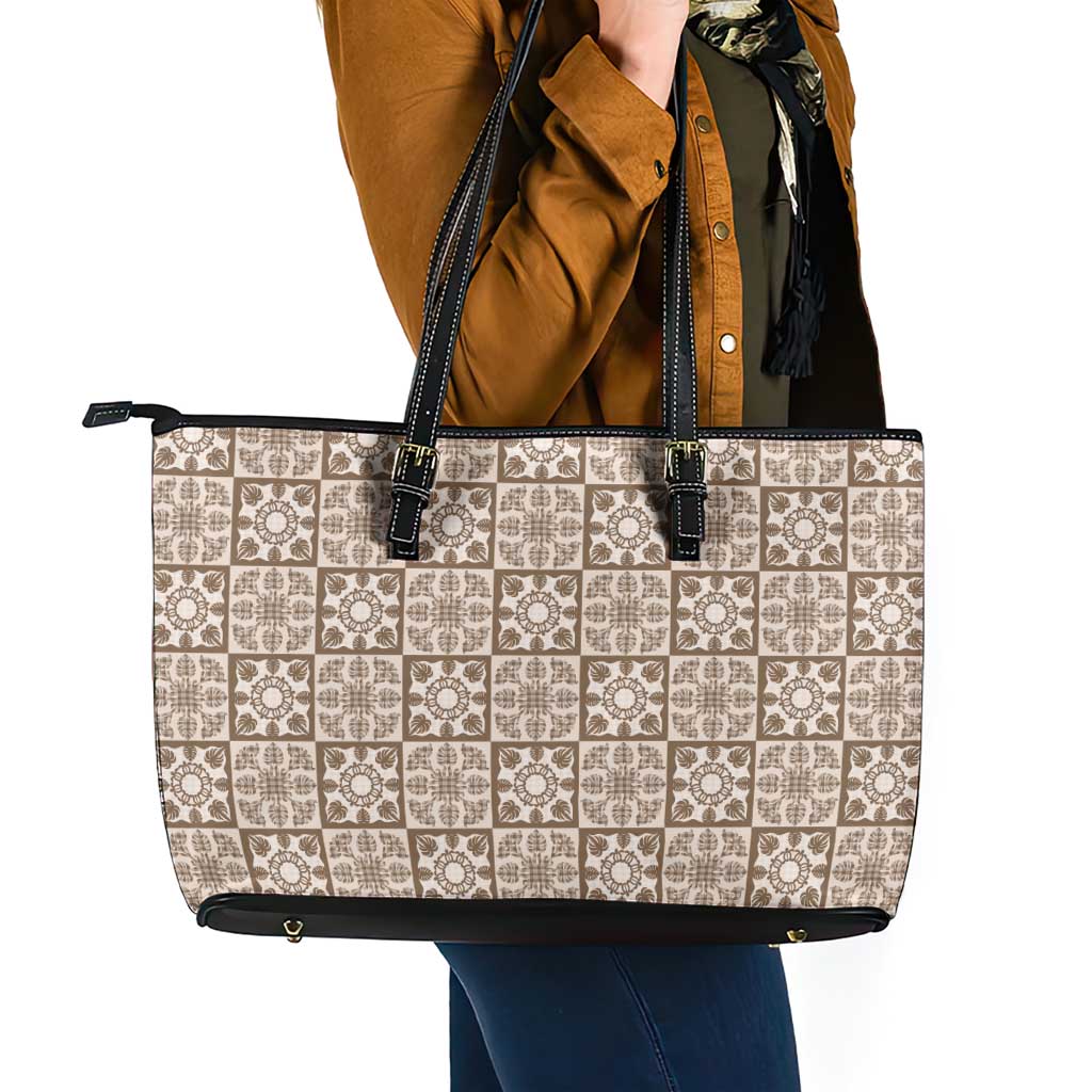 Beige Palaka Quilt Hawaii Leather Tote Bag Hawaiian Tropical Monstera Sea Turtle LT14 - Polynesian Pride