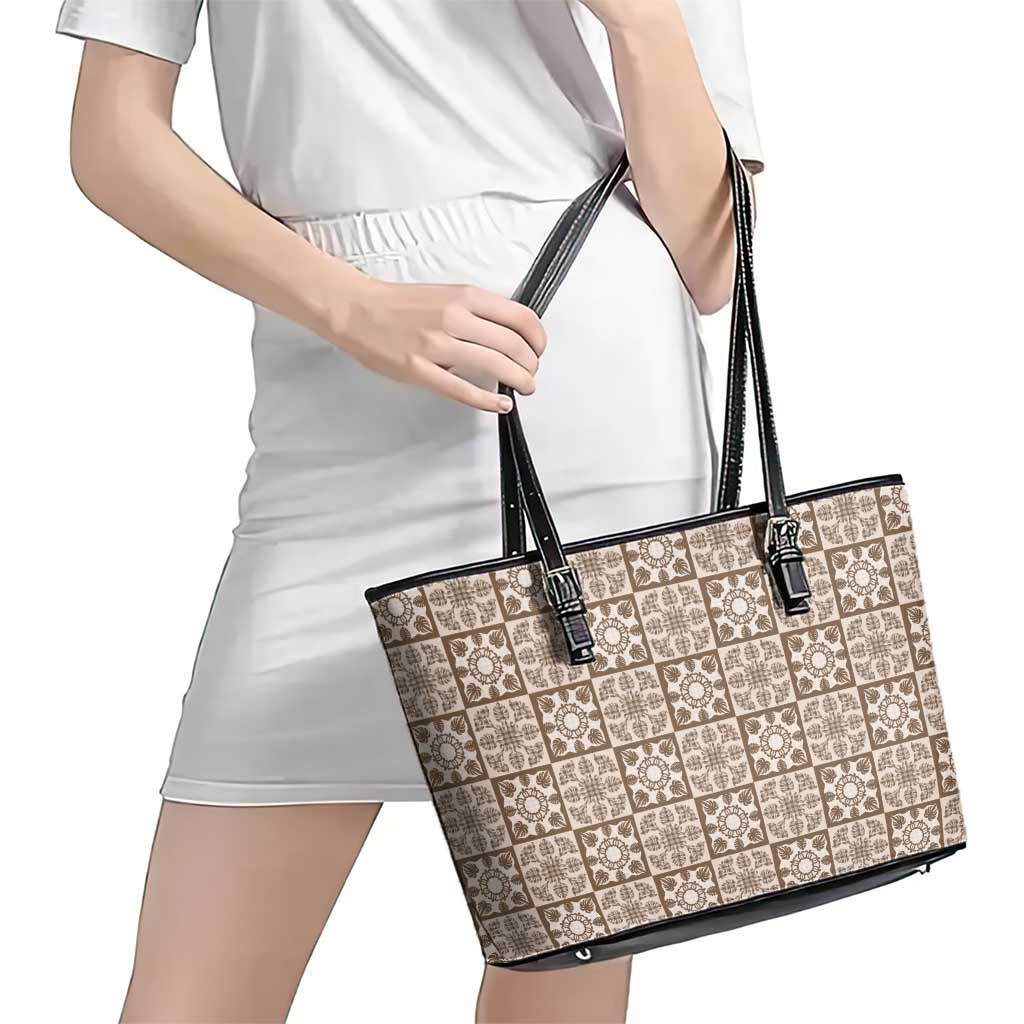 Beige Palaka Quilt Hawaii Leather Tote Bag Hawaiian Tropical Monstera Sea Turtle LT14 - Polynesian Pride