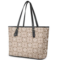 Beige Palaka Quilt Hawaii Leather Tote Bag Hawaiian Tropical Monstera Sea Turtle LT14 - Polynesian Pride