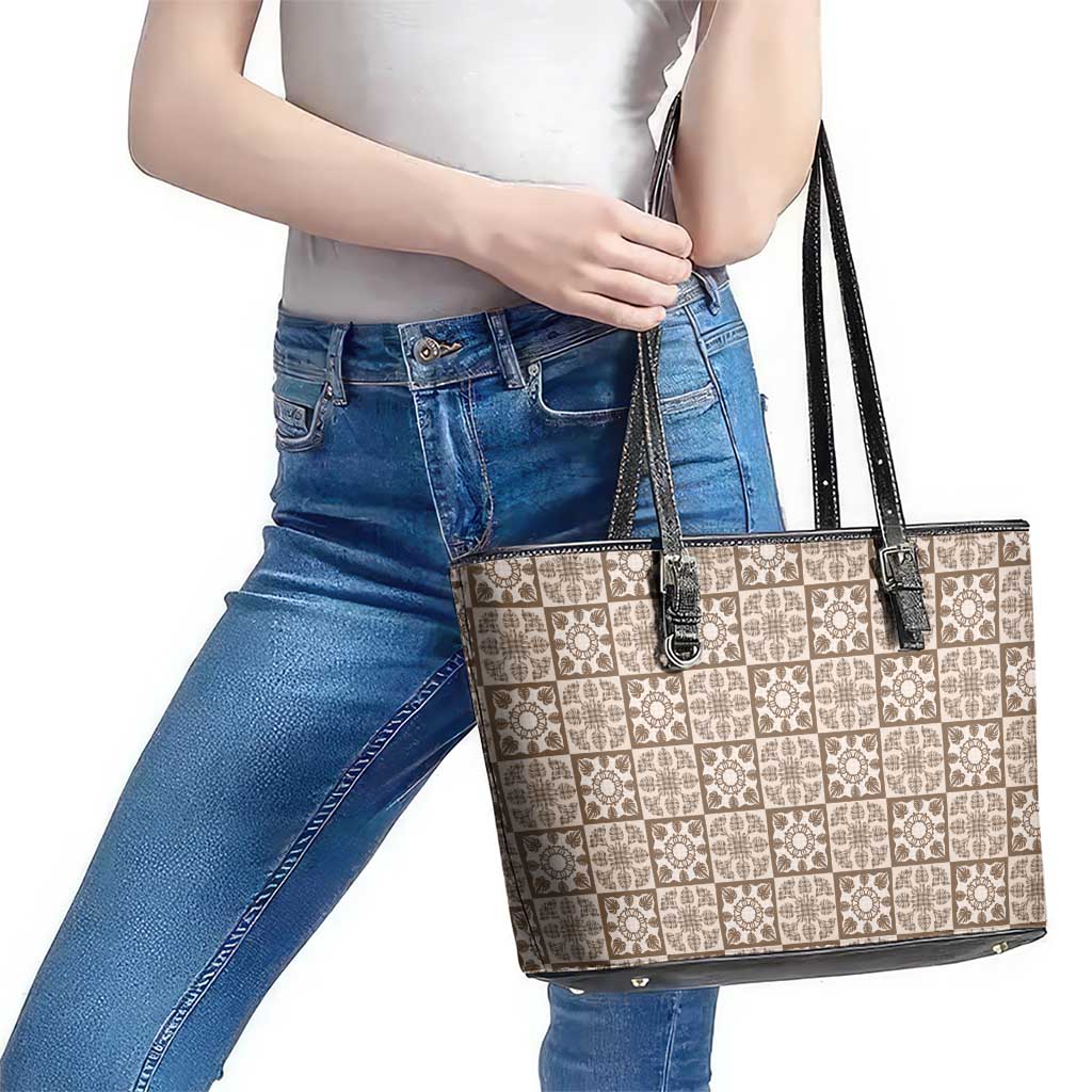 Beige Palaka Quilt Hawaii Leather Tote Bag Hawaiian Tropical Monstera Sea Turtle LT14 - Polynesian Pride