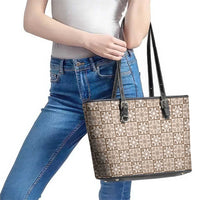 Beige Palaka Quilt Hawaii Leather Tote Bag Hawaiian Tropical Monstera Sea Turtle LT14 - Polynesian Pride
