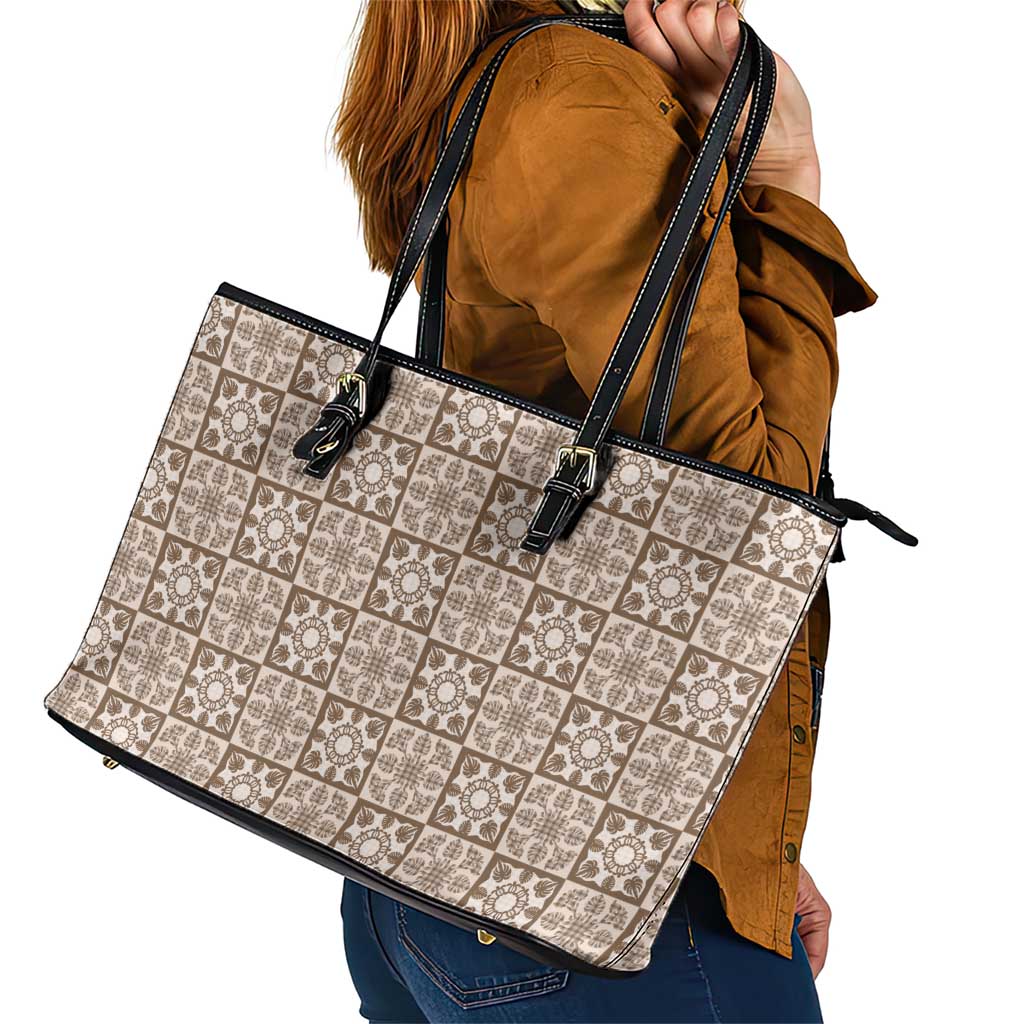 Beige Palaka Quilt Hawaii Leather Tote Bag Hawaiian Tropical Monstera Sea Turtle LT14 - Polynesian Pride