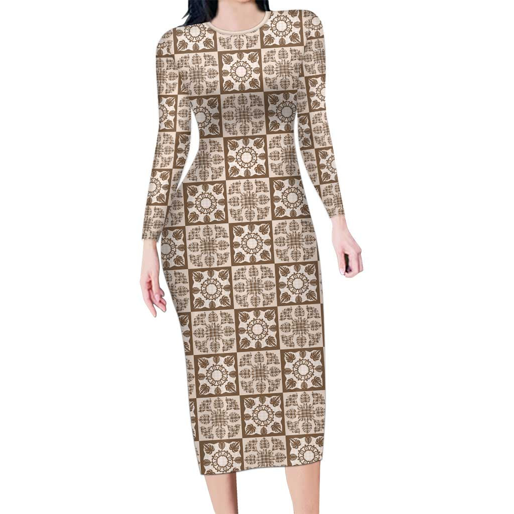 Beige Palaka Quilt Hawaii Long Sleeve Bodycon Dress Hawaiian Tropical Monstera Sea Turtle LT14 Long Dress Beige - Polynesian Pride